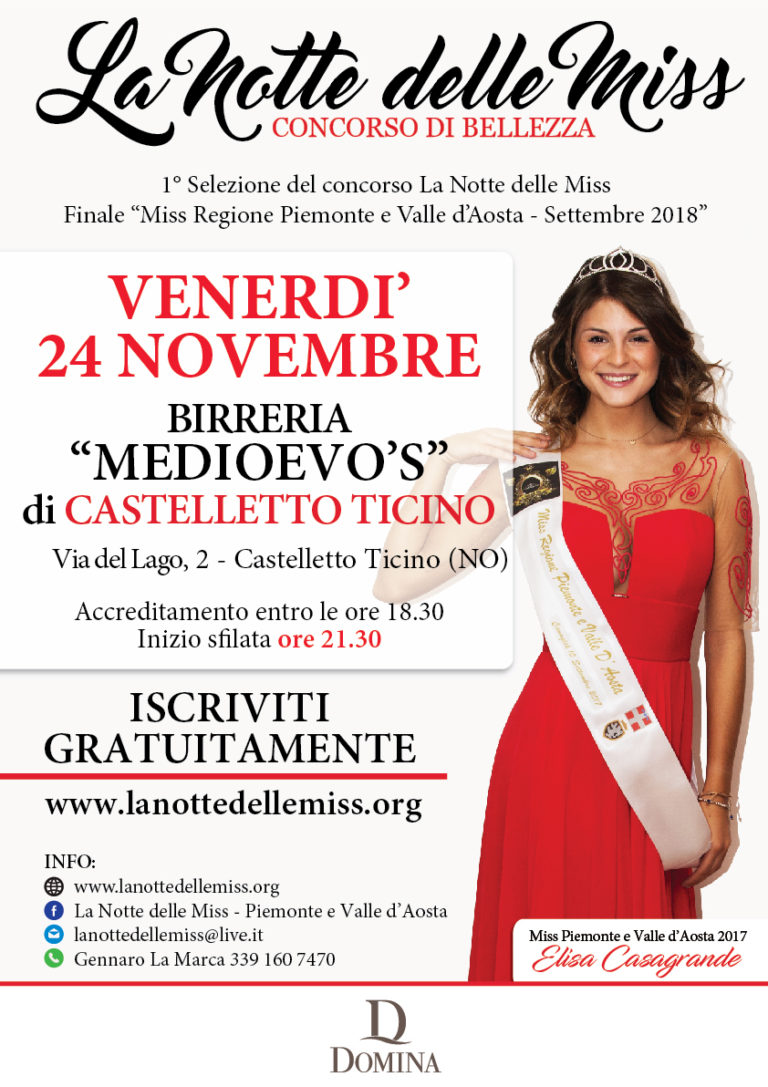 CASTELLETTO TICINO (NO).  Venerdì 24 Novembre la prima selezione del nuovo tour del Concorso di Bellezza Regionale di LA NOTTE DELLE MISS