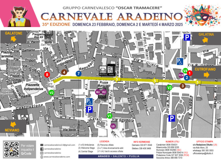 Carnevale Aradeino, la mappa della 35ª edizione con il percorso della sfilata, i varchi d’accesso, le aree di parcheggio, le postazioni di assistenza sanitaria e i numeri utili